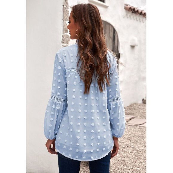 Blue Ruffled Split Neck Lace Hollow Out Puff Sleeve Polka Dot Blouse - Picture 3 of 5
